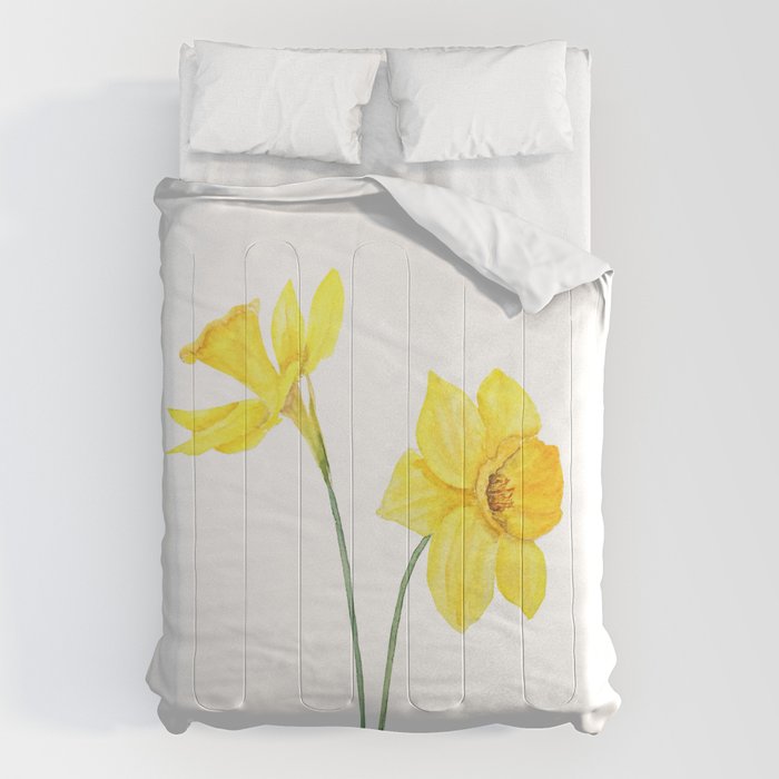Two Botanical Yellow Daffodils Watercolor Comforter