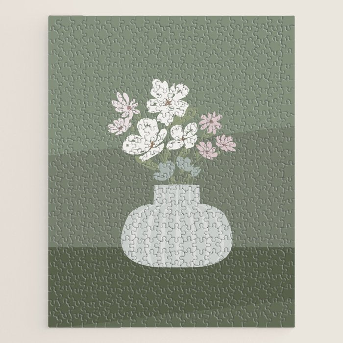 Wildflower Bouquet In Vase Illustration - Muted Pink, Beige And Sage Green Flowers  Jigsaw Puzzle