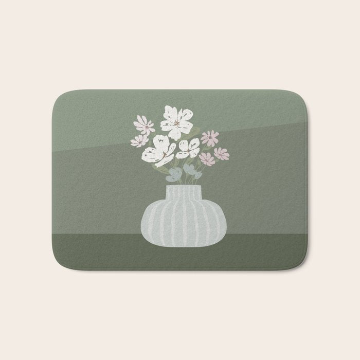 Wildflower Bouquet In Vase Illustration - Muted Pink, Beige And Sage Green Flowers  Bath Mat