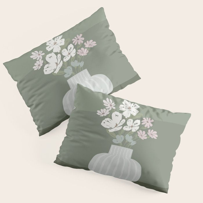 Wildflower Bouquet In Vase Illustration - Muted Pink, Beige And Sage Green Flowers  Pillow Sham