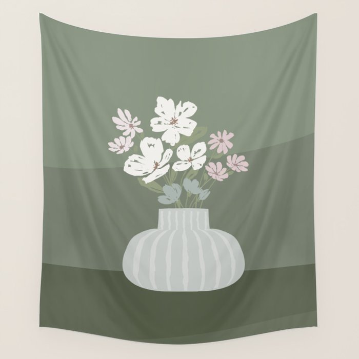 Wildflower Bouquet In Vase Illustration - Muted Pink, Beige And Sage Green Flowers  Wall Tapestry