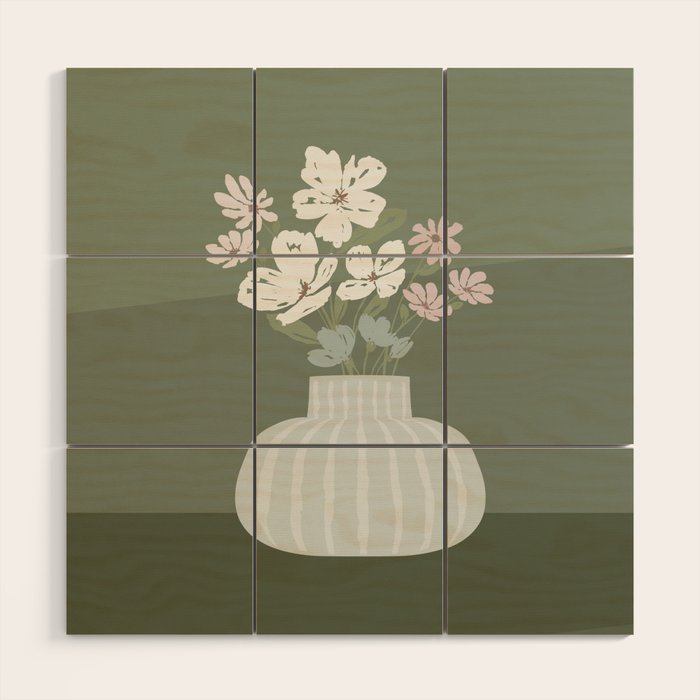 Wildflower Bouquet In Vase Illustration - Muted Pink, Beige And Sage Green Flowers  Wood Wall Art