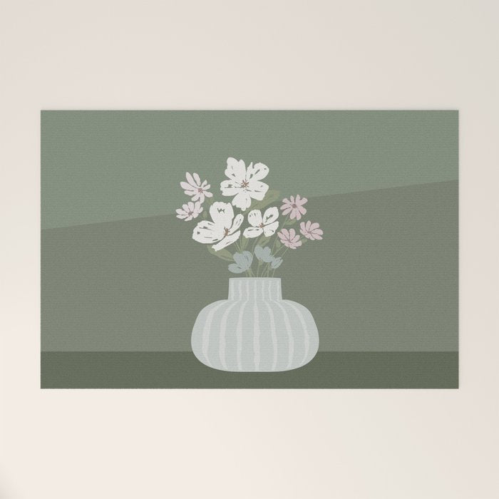 Wildflower Bouquet In Vase Illustration - Muted Pink, Beige And Sage Green Flowers  Welcome Mat