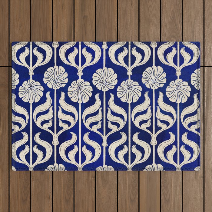 Art Deco Florals On Dark Blue Outdoor Rug