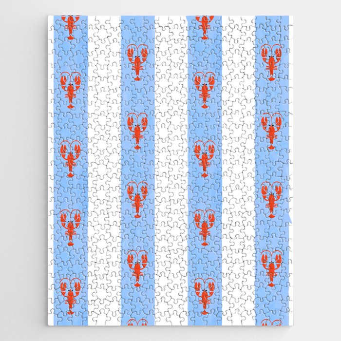 Red Lobsters On Hand-Painted Bright Blue Stripes Jigsaw Puzzle