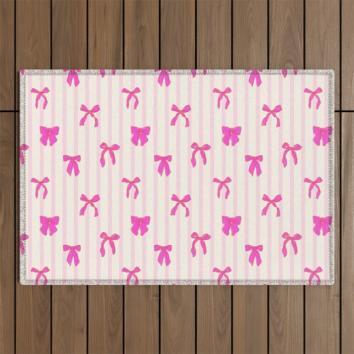 Classic Hot Pink Bows And Stripes Outdoor Rug