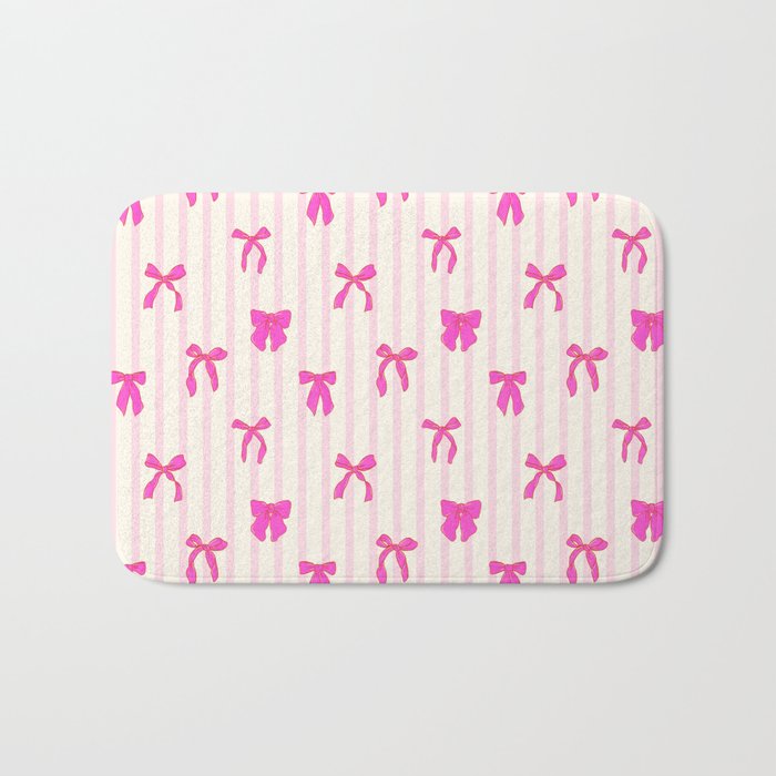 Classic Hot Pink Bows And Stripes Bath Mat