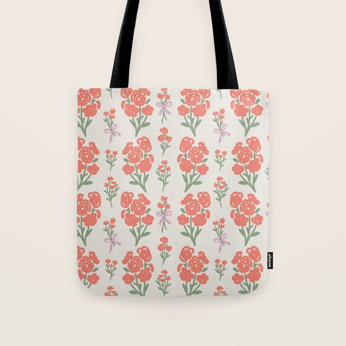 Preppy Grandmillennial Cute Red Flowers Tote Bag