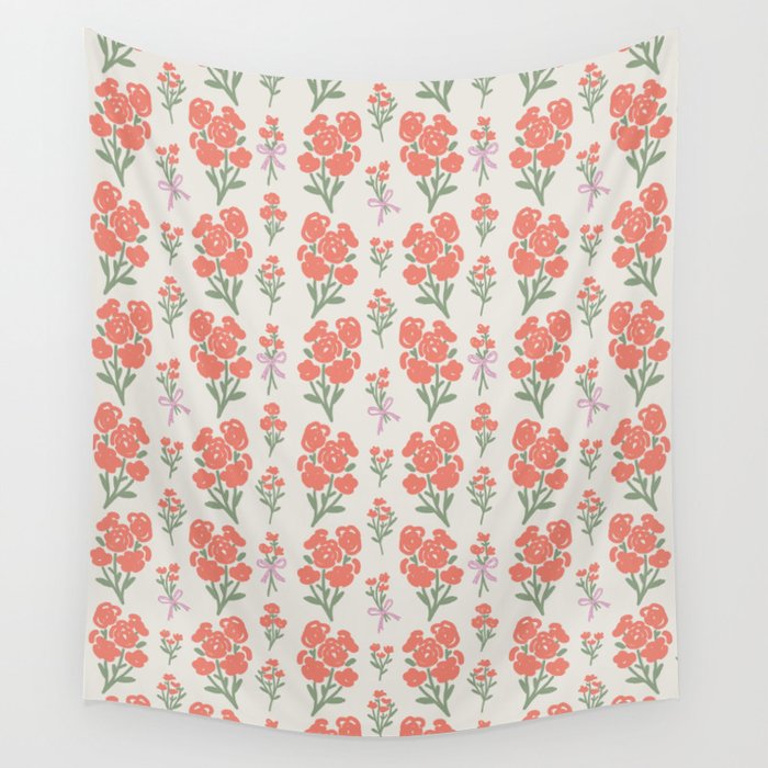 Preppy Grandmillennial Cute Red Flowers Wall Tapestry