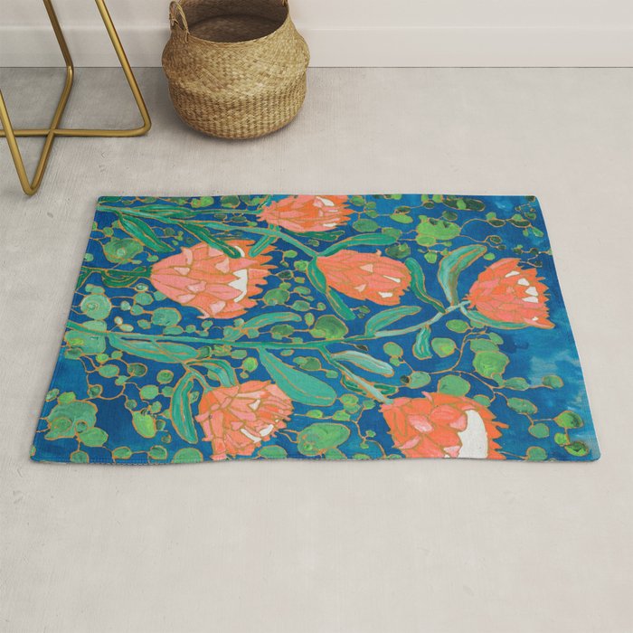 Coral Proteas On Blue Pattern Painting Rug