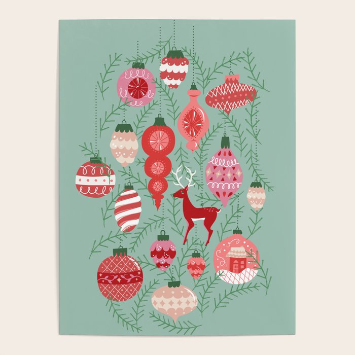 Mid-Century Ornaments In Red And Mint Poster