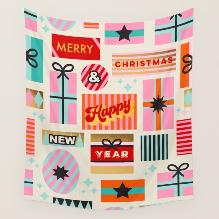 Retro Christmas Gift Pattern With Season'S Greetings Wall Tapestry