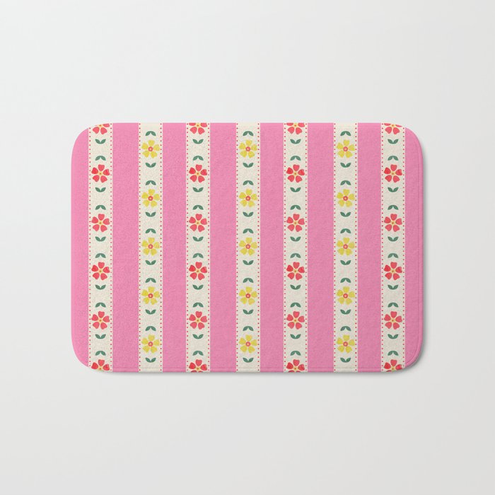 Granny Style Vintage Florals On Pink Stripes Bath Mat