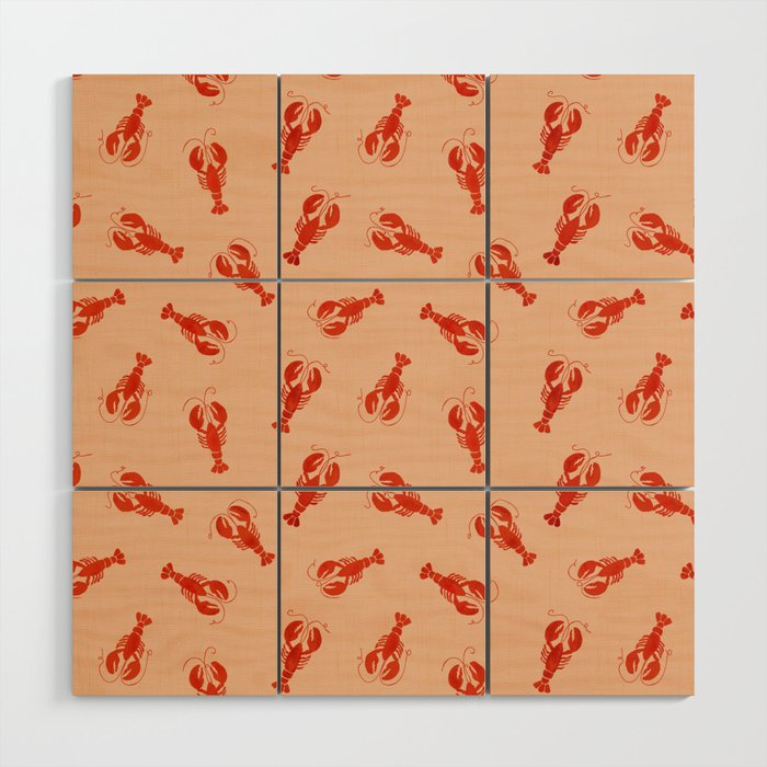 Classic Red Lobsters Pattern On Peach Wood Wall Art