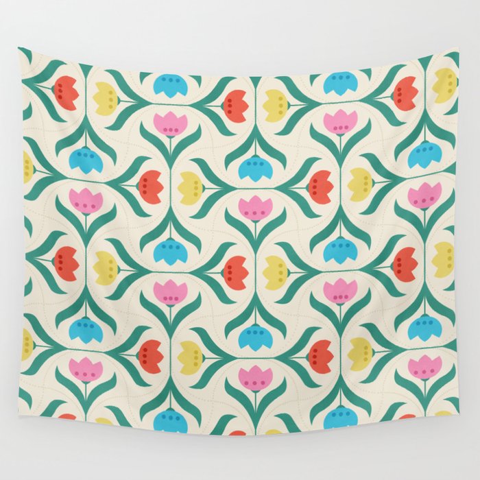Vintage Tulips Patchwork Pattern Wall Tapestry