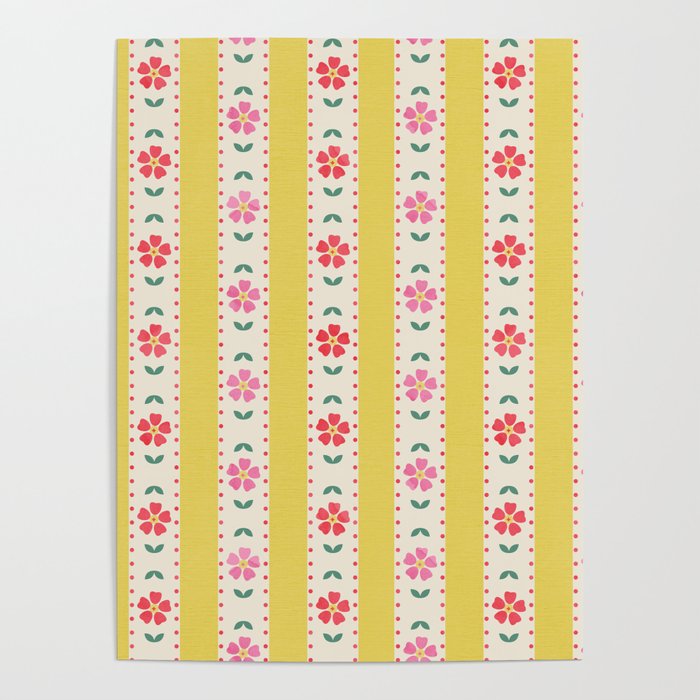 Granny Style Vintage Florals On Yellow Stripes Poster
