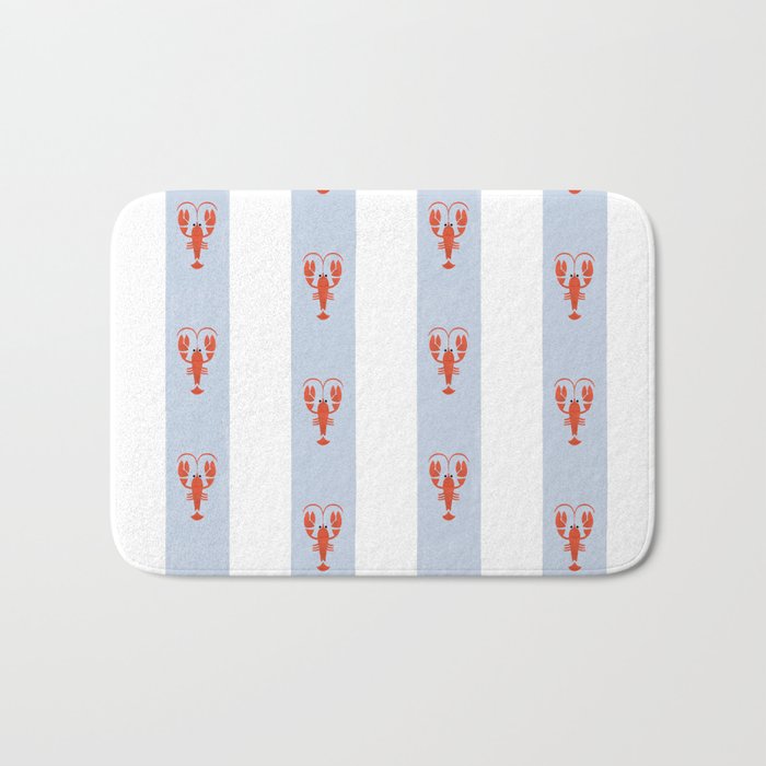 Red Lobsters On Hand-Painted Blue Stripes Bath Mat