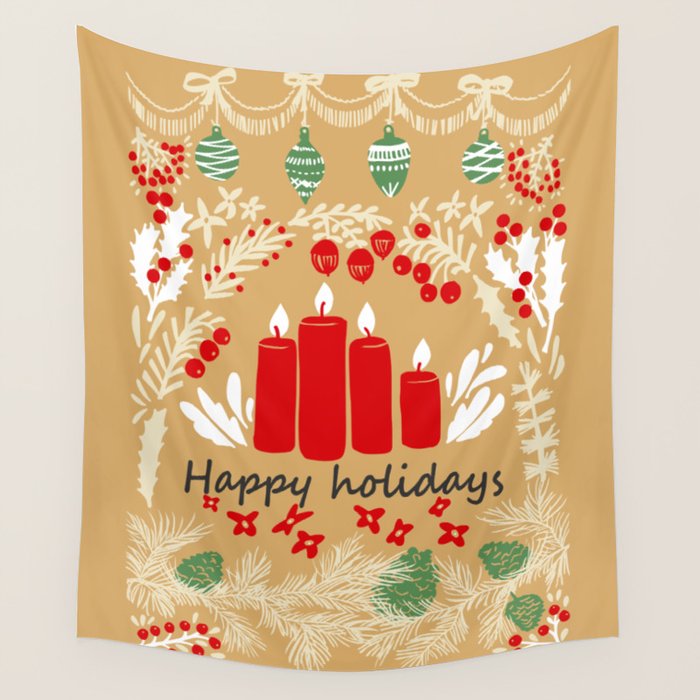 Happy Holidays Christmas Greetings - Folk Art Illustration Wall Tapestry