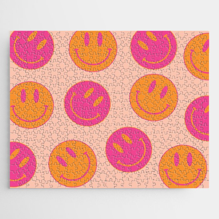 Retro Groovy Smiley Face Poster - Pink And Orange 90s Vibes Jigsaw Puzzle