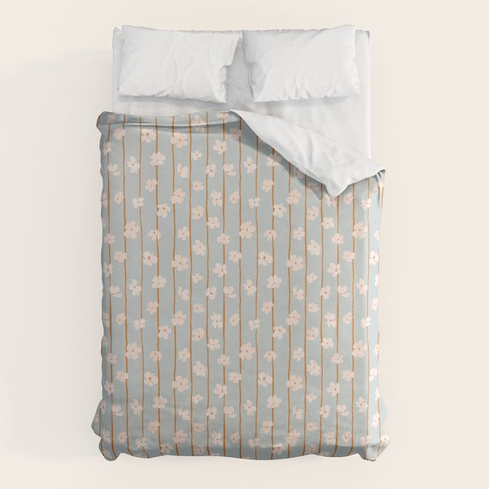 Peach Flowers On Green And Orange Vertical Stripes Background Pattern Duvet Cover