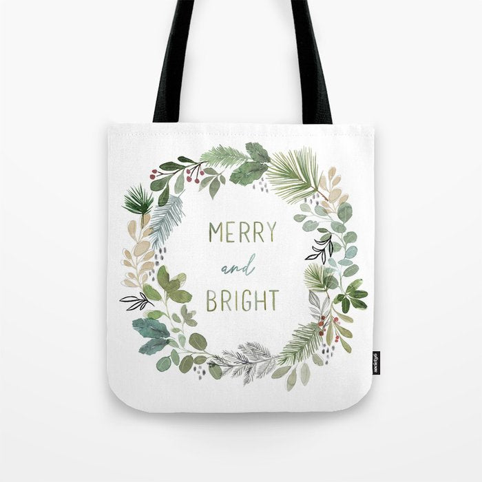 Merry & Bright Watercolor Wreath Tote Bag