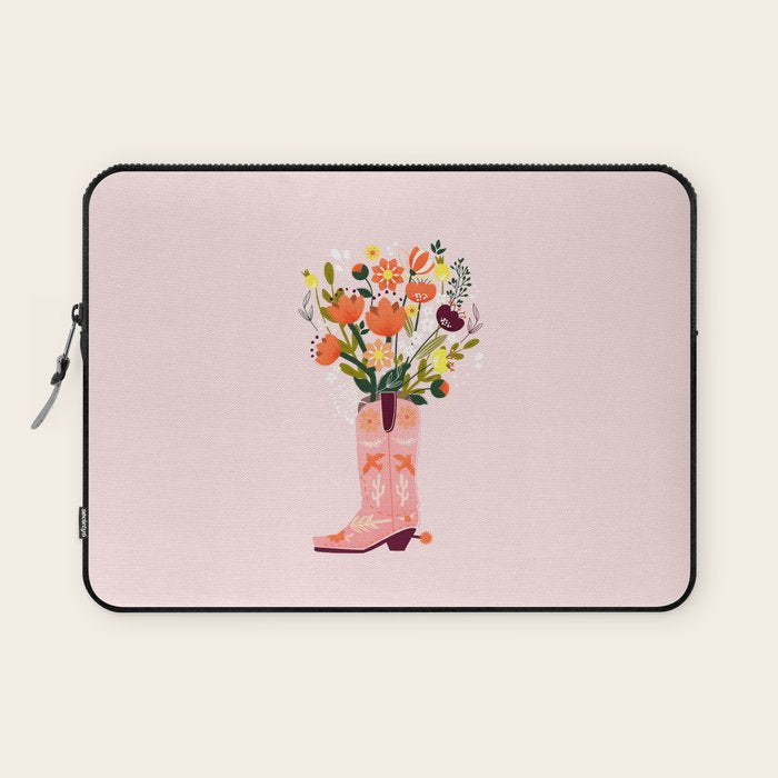 Pink Cowboy Boot And Wild Flower Bouquet Laptop Sleeve