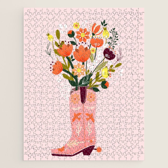 Pink Cowboy Boot And Wild Flower Bouquet Jigsaw Puzzle