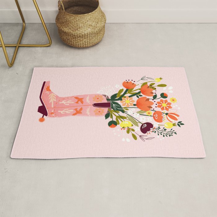 Pink Cowboy Boot And Wild Flower Bouquet Rug