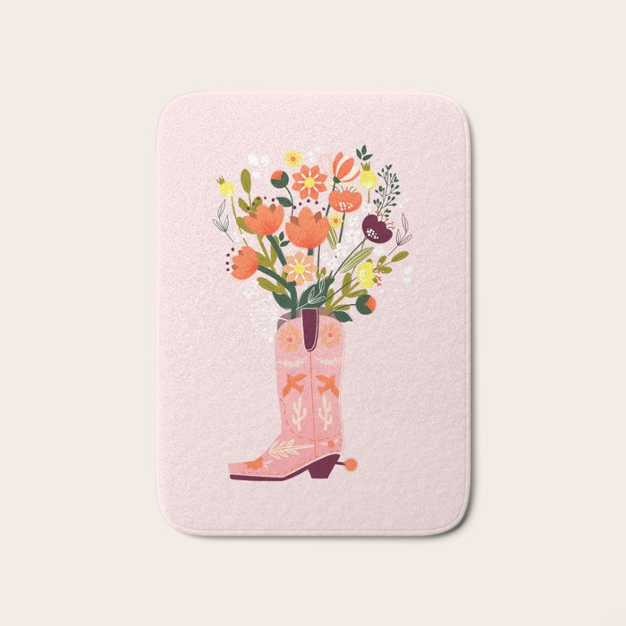 Pink Cowboy Boot And Wild Flower Bouquet Bath Mat
