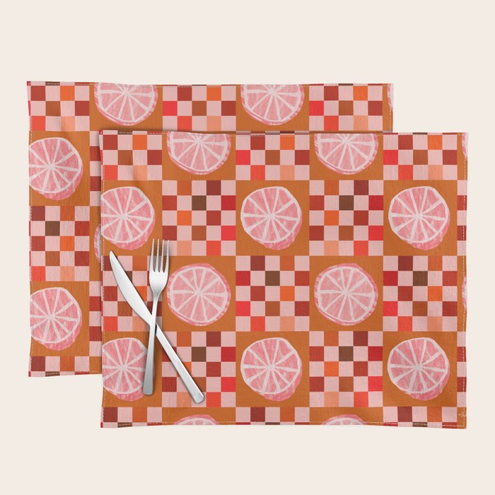 Checkered Sliced Citrus Fruit In Red & Peach Pink Placemat