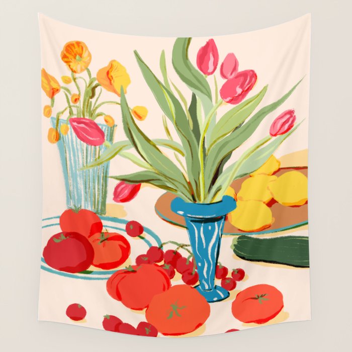 Fresh Tomatoes And Flowers Wall Tapestry