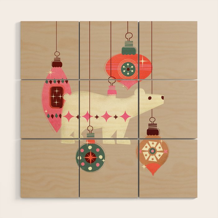 Festive Baubles With A Polar Bear Wood Wall Art