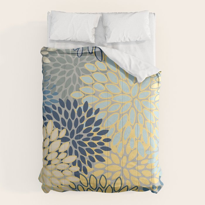 Floral Print, Yellow, Gray, Blue, Teal Comforter