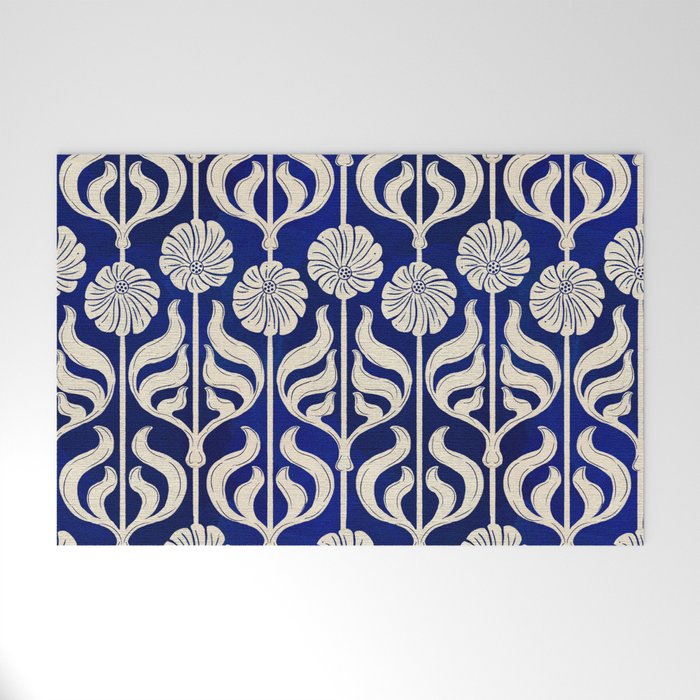 Art Deco Florals On Dark Blue Welcome Mat