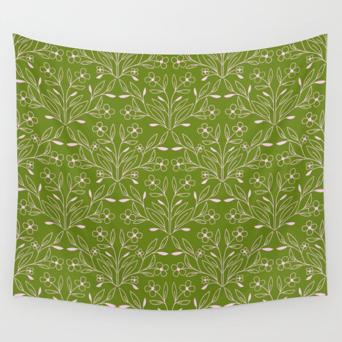 Playful Doodled Blooms Pattern - Green Wall Tapestry