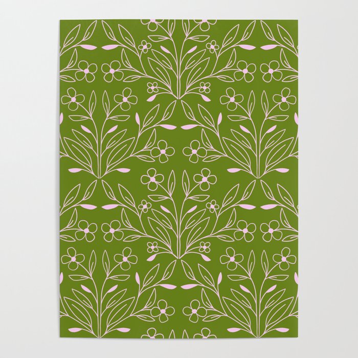Playful Doodled Blooms Pattern - Green Poster