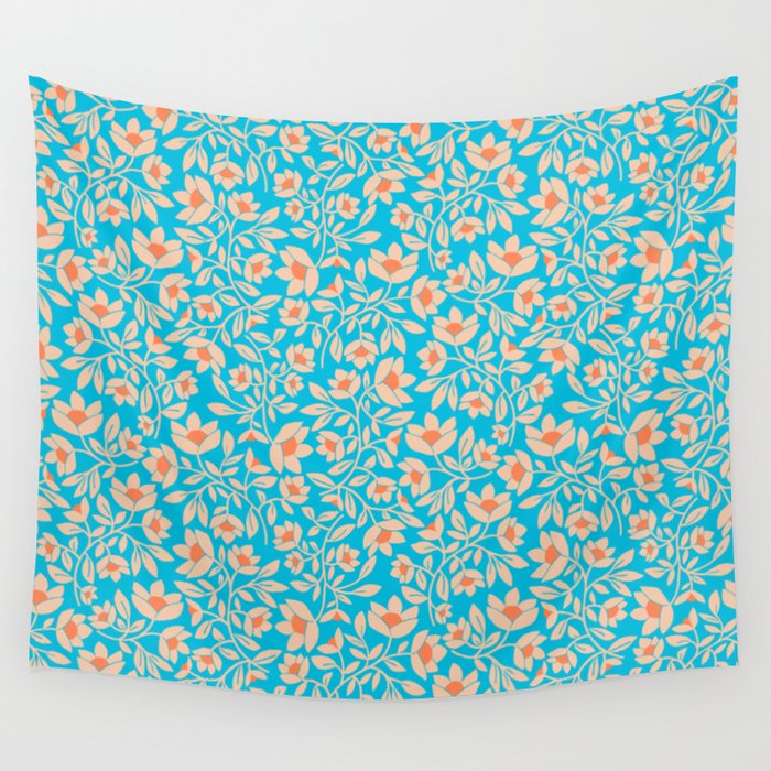 Tropical Blooms Pattern - Blue Wall Tapestry