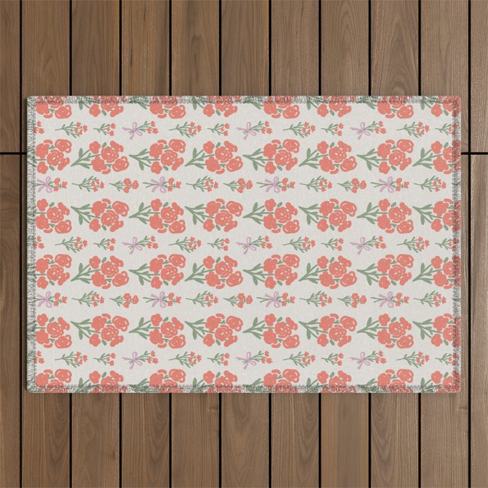 Preppy Grandmillennial Cute Red Flowers Outdoor Rug