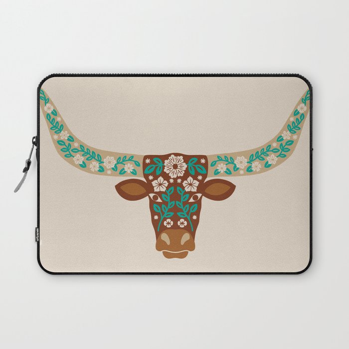 Floral Longhorn - Brown And Turquoise Laptop Sleeve