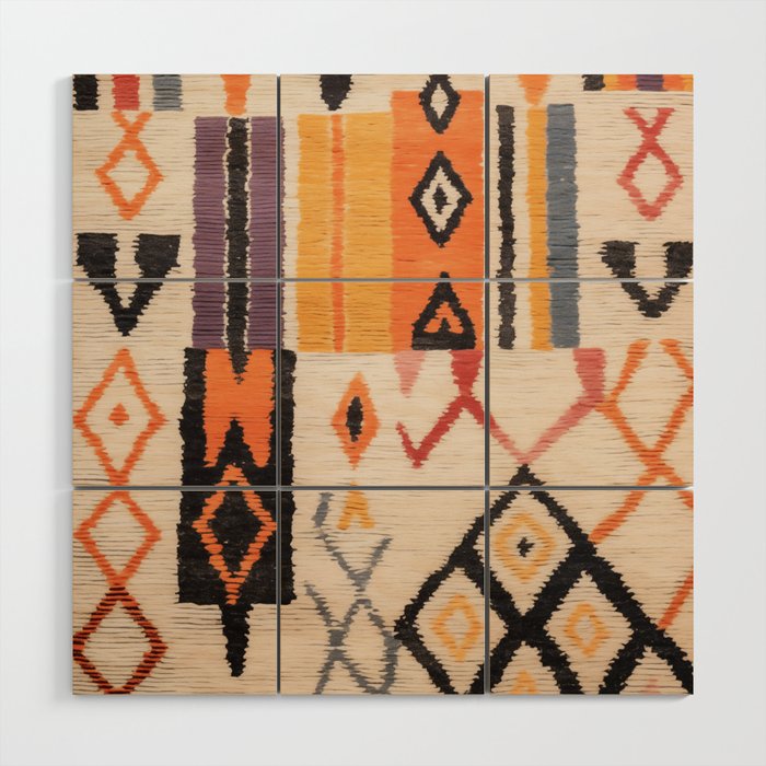 Moroccan Berber Rug Design No.54 - Multicolor, Ivory White Wood Wall Art