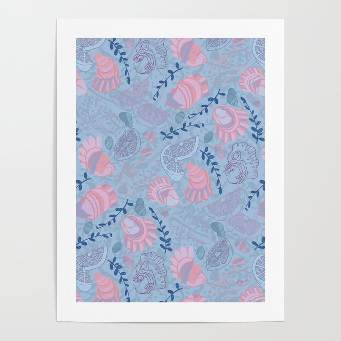 Coastal Oysters On The Beach In Sea Blue & Lavender Poster