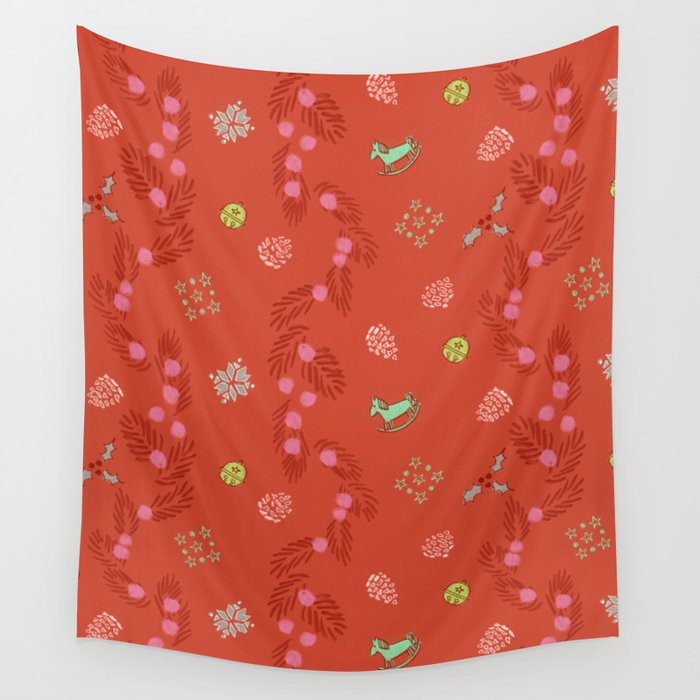 Whimsical Tiny Toys & Pine Branches In Red Wall Tapestry