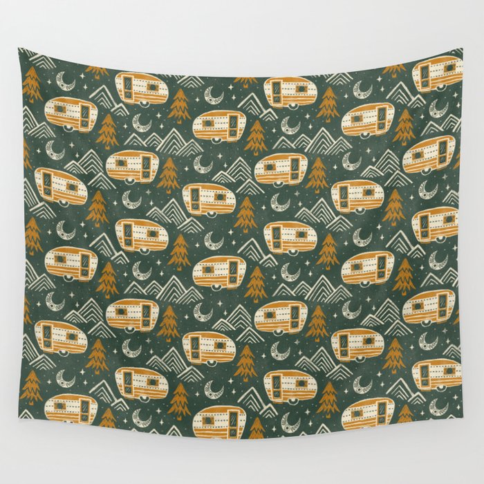 Little Camper - Forest Green And Gold Wall Tapestry