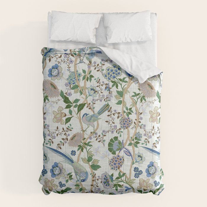Chinoiserie Birds Peacock Flowers Leaves, Romantic, Vintage, Retro, Cozy Heirloom Comforter