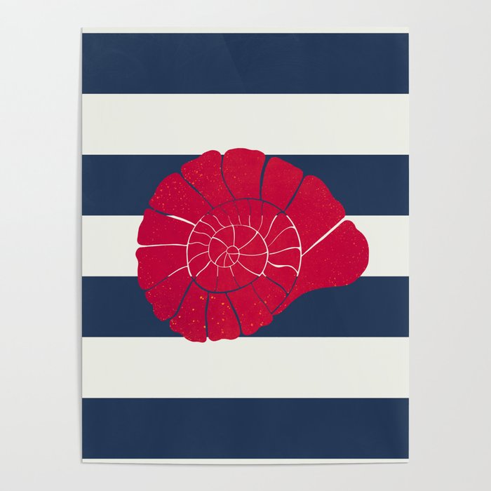 Red Nautilus Shell And Navy Stripes Poster
