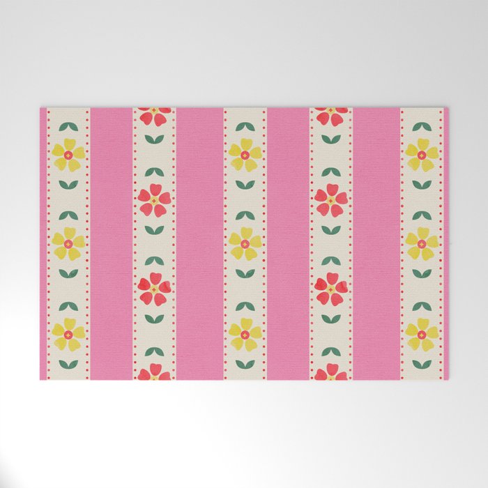 Granny Style Vintage Florals On Pink Stripes Welcome Mat