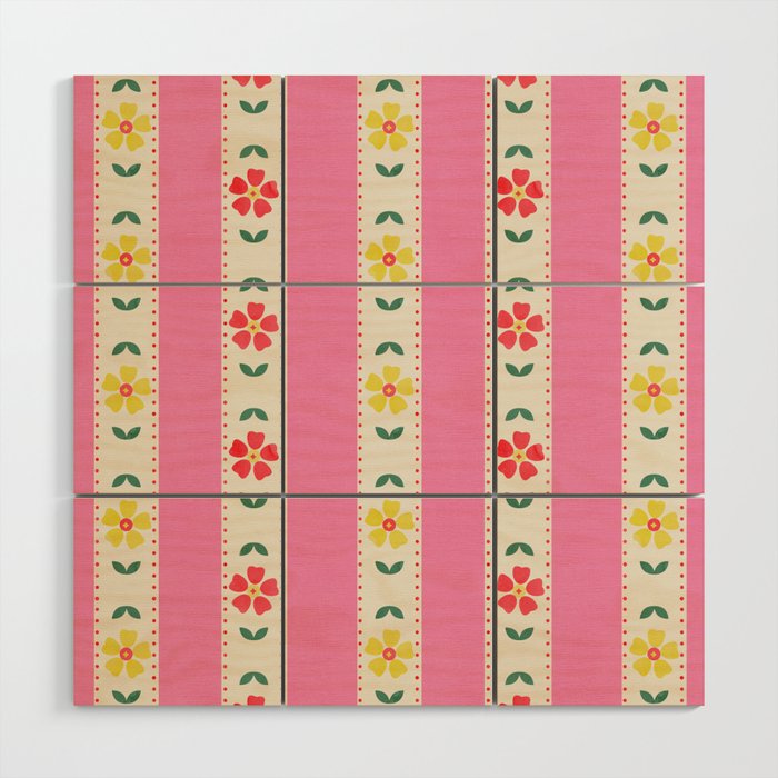 Granny Style Vintage Florals On Pink Stripes Wood Wall Art