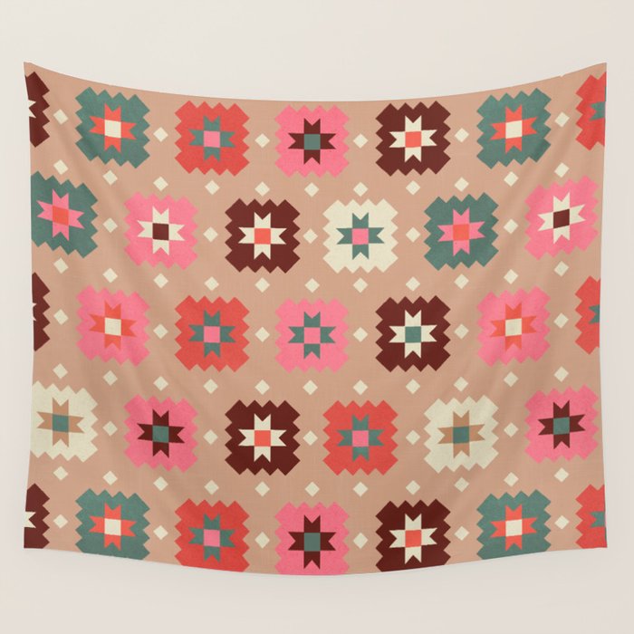 Festive Winter Quilt Tiles With Stars Wall Tapestry