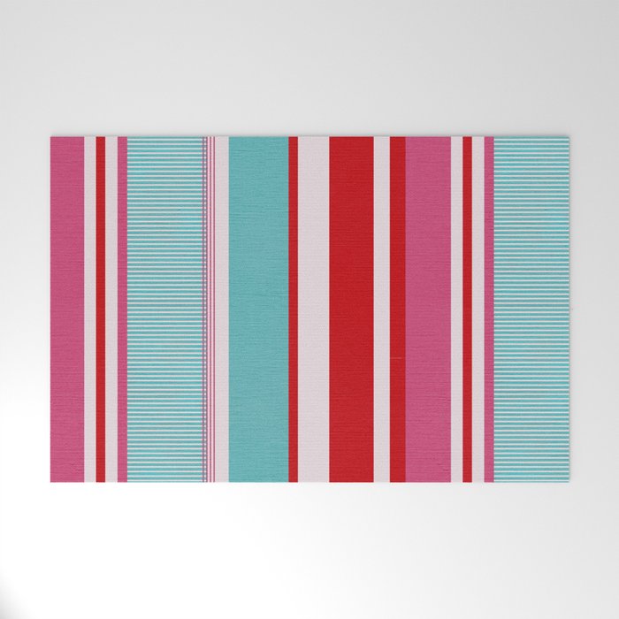 Bold Color Play Pink And Turquoise Stripes Welcome Mat