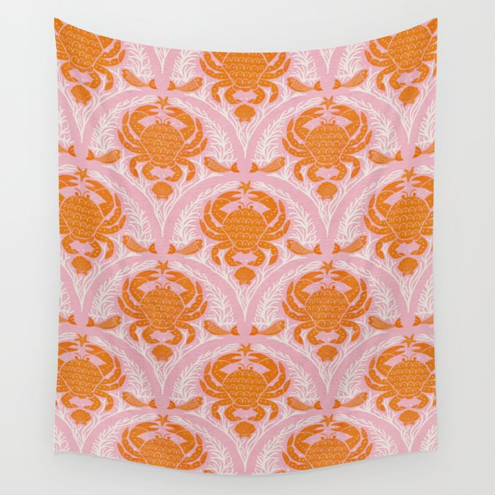 Orange Crab On Pink Pattern Wall Tapestry